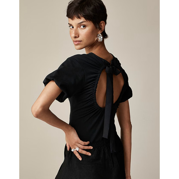 J.Crew Open Back Puff Sleeve Top Stretch Cotton Satin Bow Preppy XS NWT - Picture 1 of 13